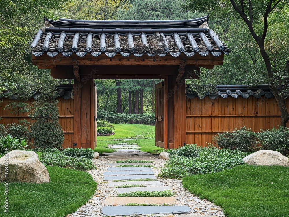 A Japanesestyle gate framed within a garden setting A Japanesestyle gate framed within a garden setting