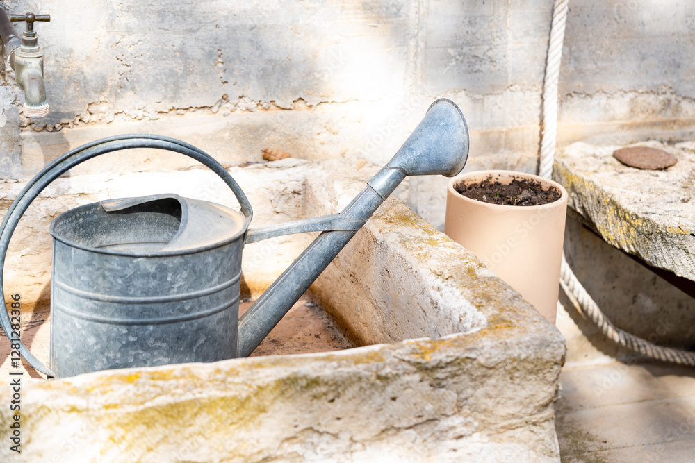 An old, weathered tin watering can with a rusty patina , evoking a rustic, nostalgic countryside atmosphere. An old, weathered tin watering can with a rusty patina , evoking a rustic, nostalgic countryside atmosphere.