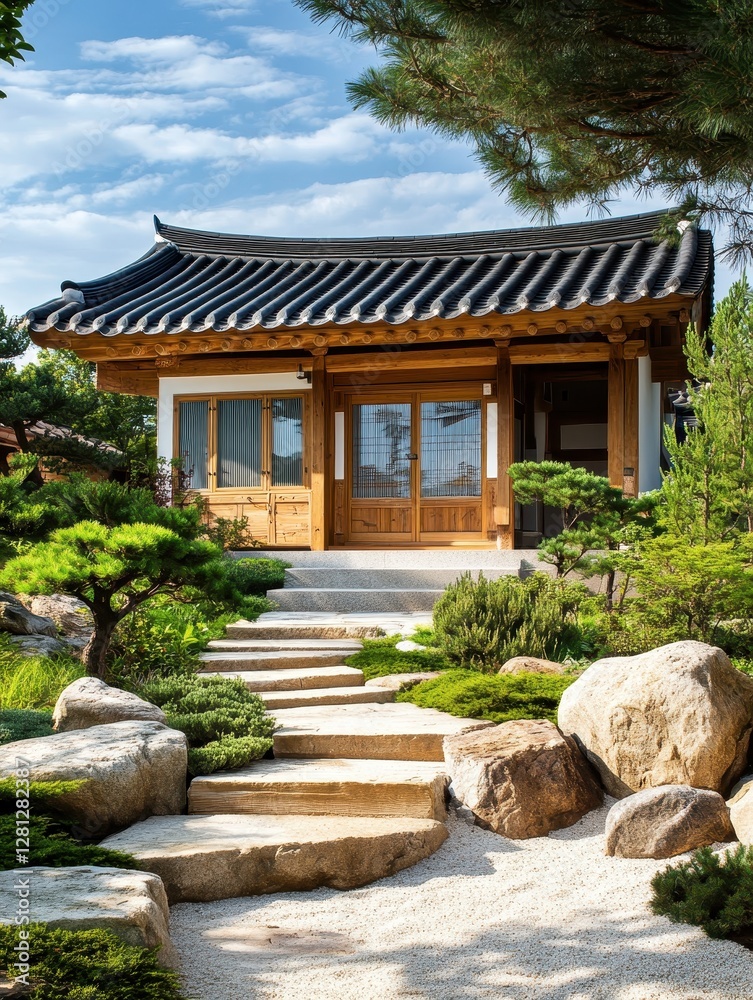 A traditional Asian style home in a Japanese garden A traditional Asian style home in a Japanese garden