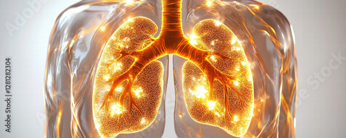 Glowing lungs with highlighted airways and particulate matter, Air pollution crisis, smog and PM 2.5 particulate matter.