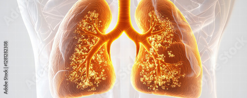 Human lungs with highlighted airways and particles