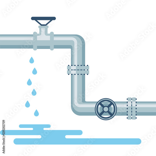 Water flows from iron pipe. Pipe with water drops. Plumbing concept, leakage problem, wet floor