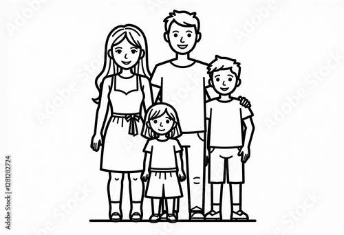 Minimalist Family Portrait: Line Art Illustration of Mother, Father, Son & Daughter - Facing Camera on White Solid Background.

