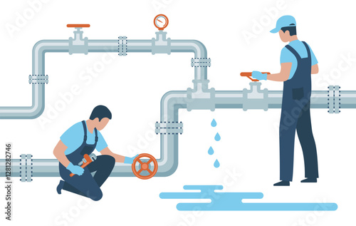 Plumbers shut off valves and repair a leaking water pipe. Concept of professional occupation