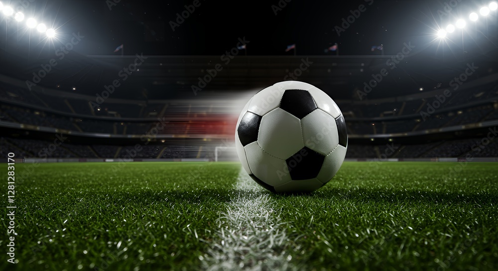 Obraz premium Soccer Ball on the Field at Night with Stadium Lights