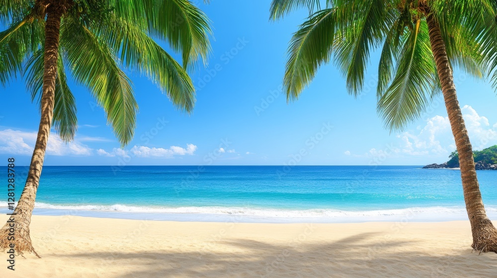 A peaceful beach with white sand, palm trees, clear blue sky. Gentle waves lapping at the shore, coconut tree shadows on the sand, creating a serene summer atmosphere perfect for relaxatio sunbathing A peaceful beach with white sand, palm trees, clear blue sky. Gentle waves lapping at the shore, coconut tree shadows on the sand, creating a serene summer atmosphere perfect for relaxatio sunbathing