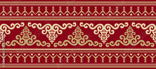 Vector gold and red seamless Yakut ornament. Endless border, frame of the northern peoples of the Far East.
