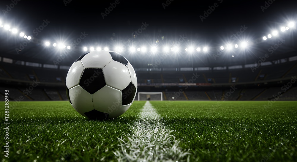 Obraz premium Soccer Ball on the Field at Night with Stadium Lights Shining