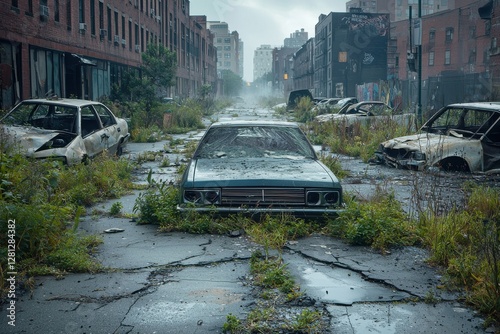 Fototapeta Naklejka Na Ścianę i Meble -  Post-apocalyptic urban landscape featuring abandoned and damaged cars overgrown with greenery on a deserted city street, evoking a sense of decay and desolation.