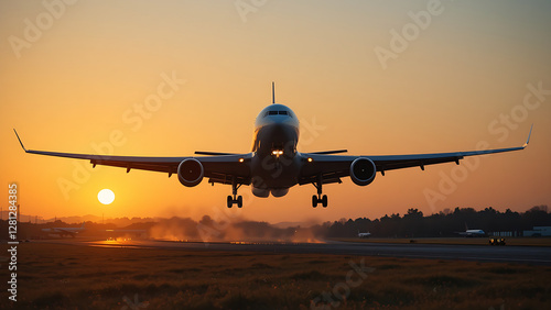Airplane Landing on Runway at Sunset – Stunning Aviation Photography. photo