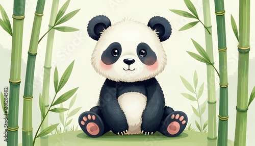 Cute hand-drawn panda sitting among bamboo, suitable for children’s product designs, conveying playfulness and joy