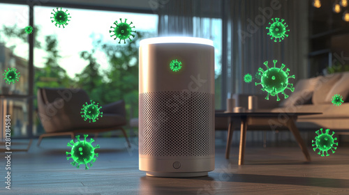 Smog air pollution, PM 2.5 dust particulate matter, Air purifier filtering harmful particles in modern living room