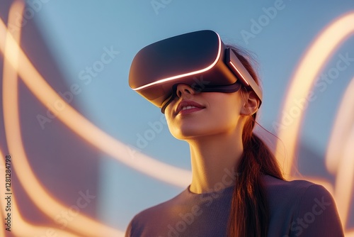 young woman immersed in virtual reality wearing sleek vr headset surrounded by futuristic digital landscape with glowing