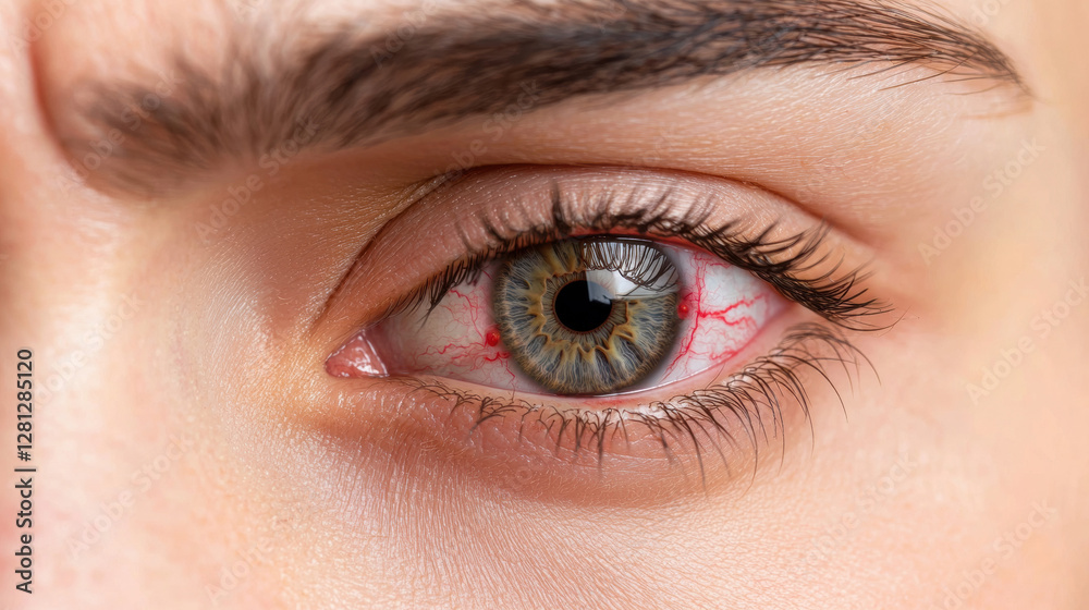A close-up of an eye displaying intricate details, including a mix of green and grey hues, with prominent eyelashes and slight redness around the iris. A close-up of an eye displaying intricate details, including a mix of green and grey hues, with prominent eyelashes and slight redness around the iris.