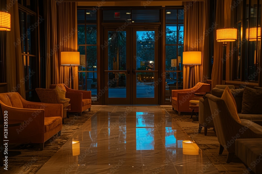 Cozy Lobby With Warm Lighting and Elegant Furnishings During Twilight Hours in a Modern Hotel Cozy Lobby With Warm Lighting and Elegant Furnishings During Twilight Hours in a Modern Hotel