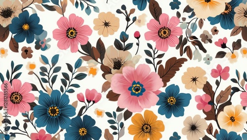 Colorful floral pattern, seamless design, on white background, for wallpaper or fabric
