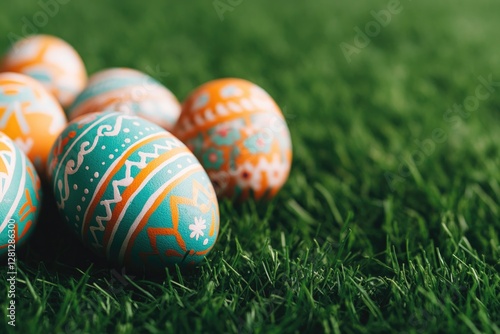 capture intimate close-up of intricate painted easter eggs lying gently on fresh green grass each egg displaying colorful photo