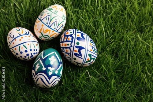 capture intimate close-up of intricate painted easter eggs lying gently on fresh green grass each egg displaying colorful photo