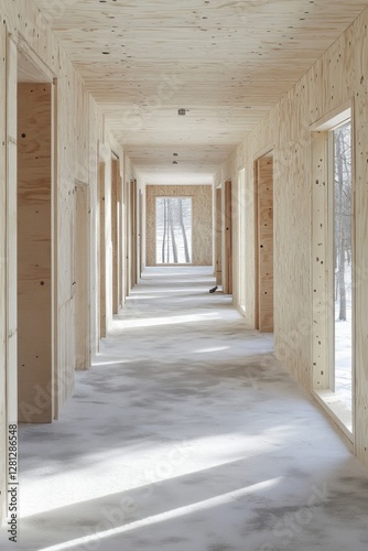 Minimalist Plywood Interior Corridor with Natural Light and Winter View Creating a Serene and Modern Architectural Space with Clean Lines and Bright Ambiance