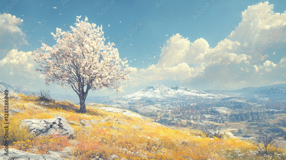 Fototapeta premium Solitary White Blossom Tree on a Yellow Hillside Mountain Landscape