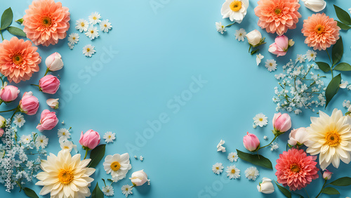 A blue background with a large flower arrangement in the center