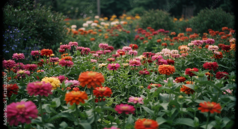 Vibrant Zinnia Garden Blooms in Various Colors on a Sunny Day Vibrant Zinnia Garden Blooms in Various Colors on a Sunny Day