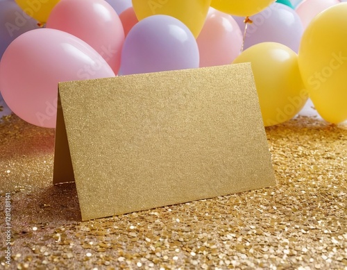 A festive setting featuring a gold card amidst colorful balloons and shimmering confetti. photo