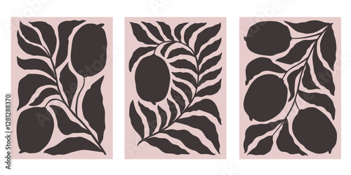 Set of Abstract fruit posters in minimalist style in black and beige colors. Modern botanical print with hand drawn lemons and leaves. Vector illustration