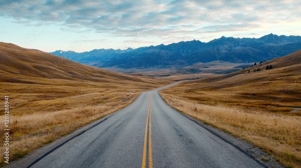 A paved road extends into a distant range of mountains beneath a cloudy sky. Dry, golden brown grasslands line both sides of the road. The open A paved road extends into a distant range of mountains beneath a cloudy sky. Dry, golden brown grasslands line both sides of the road. The open