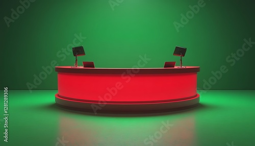 Empty Red Studio Desk, Green Background