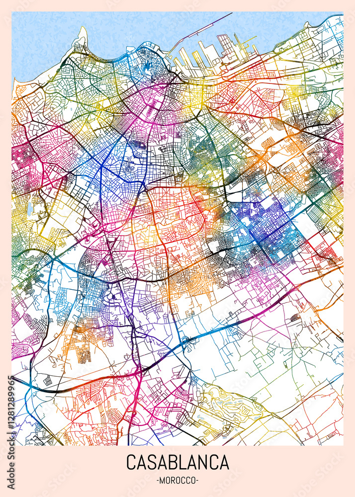 Naklejka premium Casablanca Morocco City Map, district banner, business modern landmark, neighborhood paint travel, hometown downtown design, destination landmark