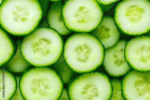 bold close-up of sliced cucumbers arranged in stacked pattern surrounded by soft reflections and ample copy space