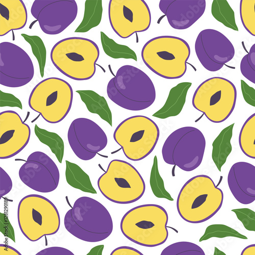 Seamless pattern with hand drawn plums and leaves on white background. Modern botanical print for fabric, cover, card, flyer. Vector illustration