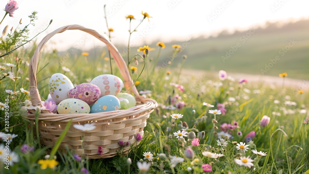 Easter Eggs in Woven Basket Amidst Spring Wildflowers