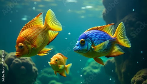 Colorful tropical fish swimming in transparent water, ideal for underwater and nature-themed visuals, representing vibrancy and marine life