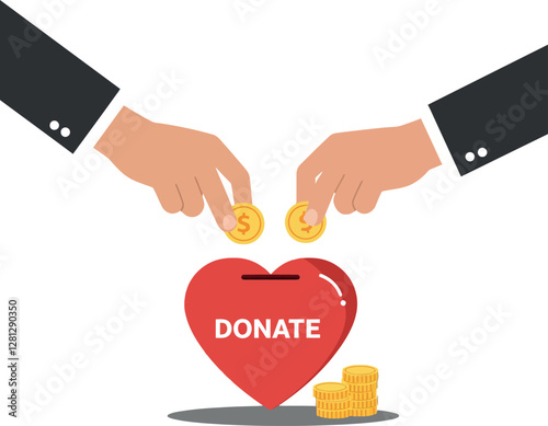 Two hands placing coins into a red heart-shaped donation box in a flat vector illustration representing charity and generosity