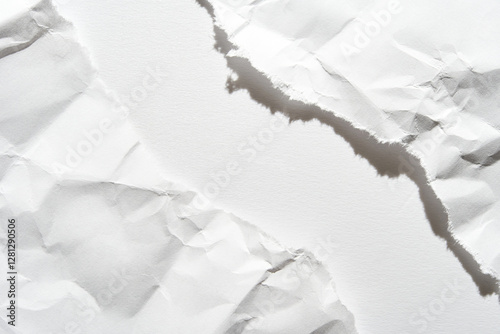 Close-up of torn white paper with rough edges and textured surface creating abstract composition.
