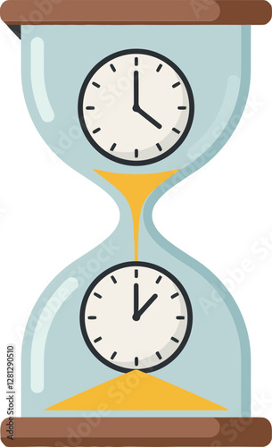 Hourglass with dual clocks showing time passing in a minimalistic flat design vector art