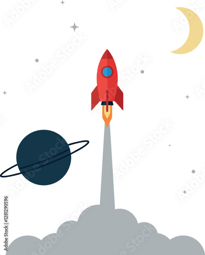 A bright red rocket launching into space amidst stars and a planet in a minimal flat design vector illustration