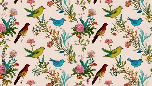 Wallpaper Mural Seamless Vintage Bird & Floral Pattern , Hand-Drawn Botanical Pastel Design Torontodigital.ca