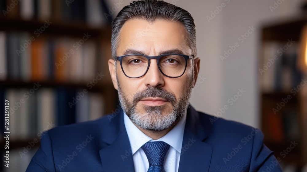 Portrait of a middle aged man with glasses and a beard, wearing a dark blue suit and tie, in a dimly lit room with bookshelves in the background Portrait of a middle aged man with glasses and a beard, wearing a dark blue suit and tie, in a dimly lit room with bookshelves in the background