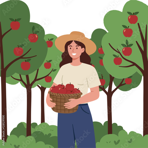 A woman in a sun hat joyfully harvesting apples in a green orchard, flat vector art
