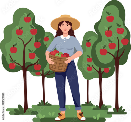 A young woman harvesting apples in a vibrant orchard surrounded by healthy apple trees in a flat vector illustration