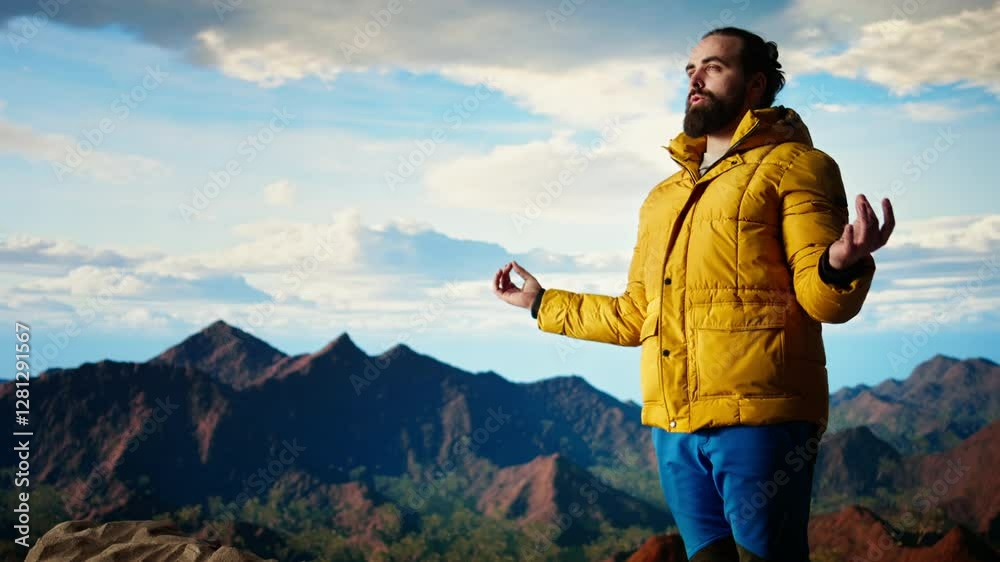 Young explorer reaching the mountain peak and meditating at the top, doing a zen meditation with calm and mindfulness. Happy content hiker loving nature for self care. Camera A.