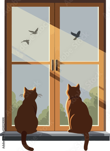 Two brown cats sitting on a windowsill, gazing outside at birds, in a minimal flat vector illustration