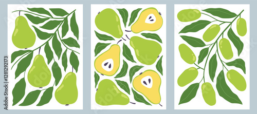 Set of fruit posters in minimalist style. Modern botanical print with hand drawn pears, olives and leaves. . Vector illustration