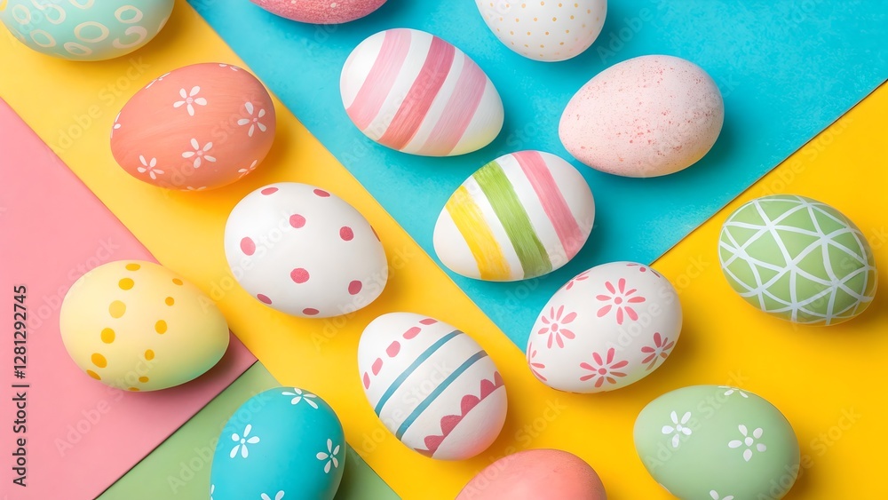Colorful Easter Eggs on Pastel Background Top View