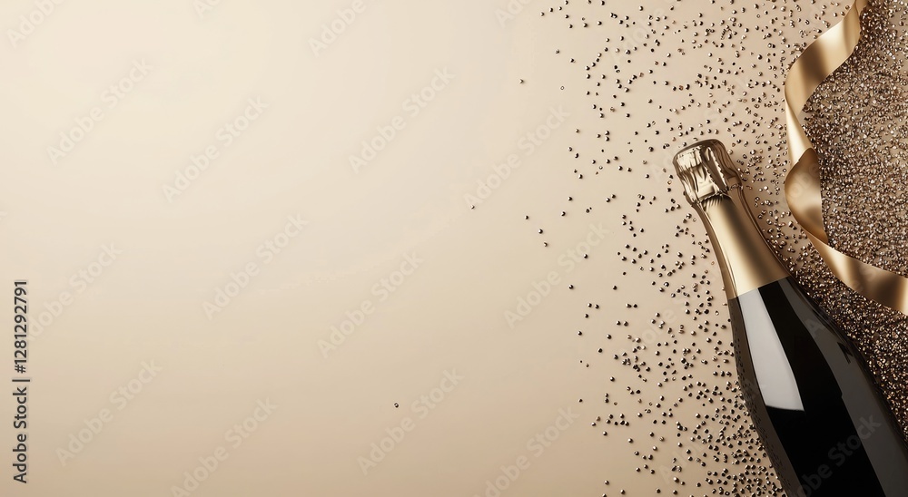 Fototapeta premium Luxurious champagne bottle with golden ribbons and sparkling confetti on the right side of a soft beige background, offering ample space for text. Ideal for New Year, weddings, birthdays, parties