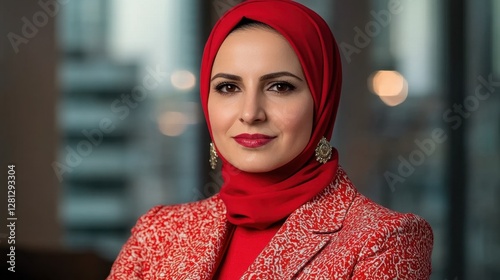 A woman in a red headscarf and matching patterned jacket. She has dark hair and makeup, and a serious expression. The background is softly blurred