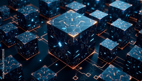 Complex cube pattern with sharp angles and intricate lines, ideal for futuristic or tech designs, symbolizing complexity and innovation